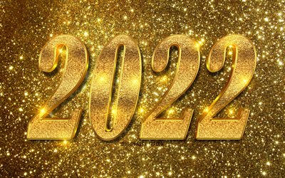 4k, 2022 kultaiset kimaltelevat numerot, 3D-taide, Hyv&#228;&#228; uutta vuotta 2022, kultaiset glittertaustat, 2022 konseptit, 2022 uusi vuosi, 2022 kultaiset 3D-numerot, 2022 punaisella pohjalla, 2022 vuoden numerot