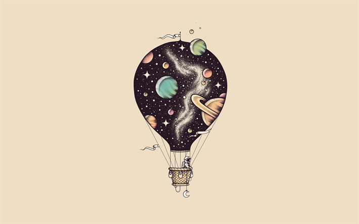 astronaut in einem ballon, 4k, minimal, brauner hintergrund, kreativ, astronaut, ballonminimalismus, heißluftballon