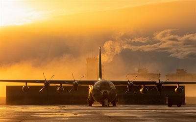 Lockheed MC-130, avion militaire américain, aérodrome militaire, soirée, coucher de soleil, MC-130J Commando II, United States Air Force, USA
