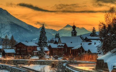 Sveitsi, 4k, sunset, vuoret, talvi, Euroopassa
