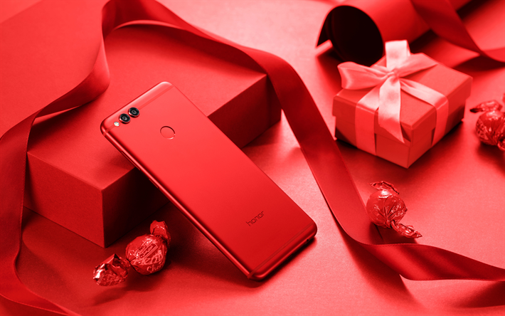 romantique des cadeaux, des bonbons, fond rouge, rouge smartphone, rouge, ruban de soie