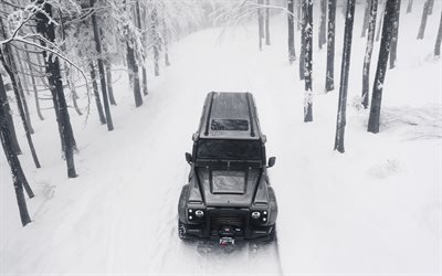 Land Rover Defender 110, forest, offroad, 2018 cars, Ares Design, tuning, winter, SUVs, Land Rover