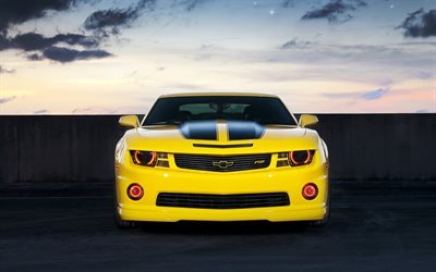 Chevrolet Camaro, superautot, lihas autoja, keltainen Camaro, Chevrolet