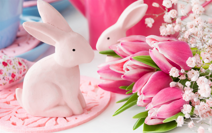 tulipanes de color rosa, de Pascua, conejos, flores de la primavera, la fiesta de primavera