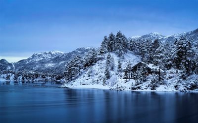 Lofoten, Mar Da Noruega, paisagem de inverno, montanhas, inverno, Noruega, Ilhas Lofoten