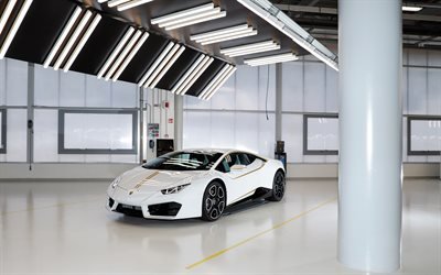 4k, Lamborghini Huracan RWD Ad Personam, hallissa, 2018 autoja, superautot, valkoinen Huracan, hypercars, Lamborghini