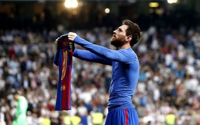 Lionel Messi, Barcelona FC, shows T-shirt, football, Spain, 4k, Leo Messi, La Liga