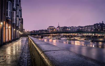 Bremen, 4k, river, embankment, evening city, Germany, Europe