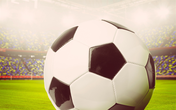 サッカーボール, サッカースタジアム, 緑の芝生, サッカーの概念