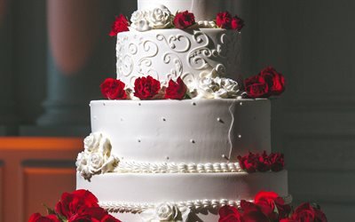 ウェディングケーキ, 赤いバラを, 大きいケーキ, お菓子の結婚式の概念