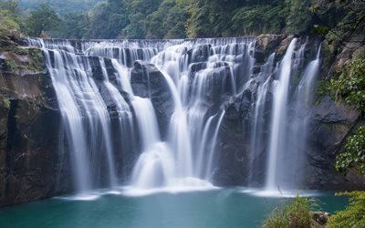Shifen Waterfall, lake, mountain landscape, 4k, waterfalls, New Taipei City, Taiwan