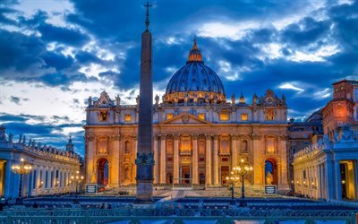 Saint Peters Basilica, Vatican, evening, city lights, St Peters Square, Italy, Rome