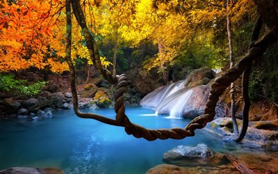 bela cachoeira, floresta, selva, Tail&#226;ndia, cachoeiras, &#225;rvores