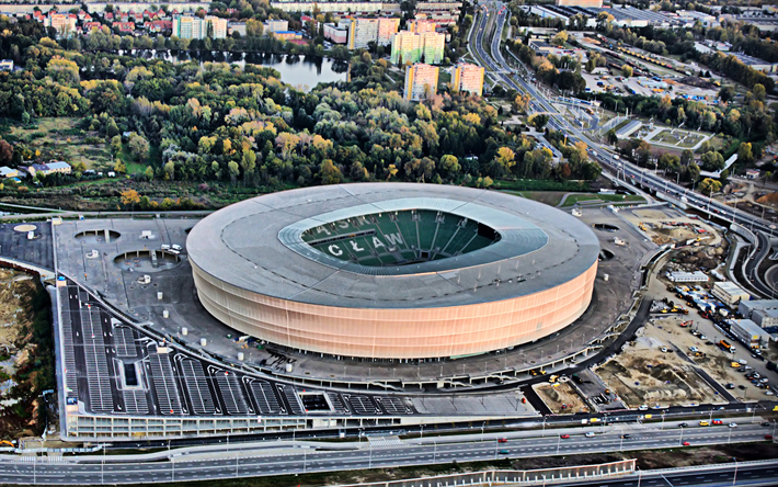 Stadion Miejski, 4k, hava fotoğrafı, HDR, Stadion Wroclaw, Polonya stadyum, Futbol Stadyumu, Wroclaw, Polonya, Slask Wroclaw Stadyumu