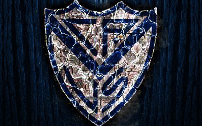 CA Velez Sarsfield, scorched logo, Argentine Primera Division, blue wooden background, Argentinean football club, Argentine Superleague, grunge, Velez Sarsfield FC, soccer, Velez Sarsfield logo, Argentina