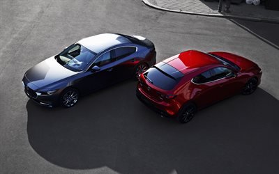 Mazda 3, 2019, gray sedan, red hatchback, new Mazda 3, comparison of sedan and hatchback, Japanese cars, Mazda