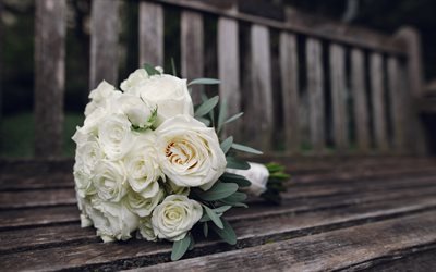 white roses, wedding bouquet, wedding concepts, bouquet on bench, roses, bridal bouquet