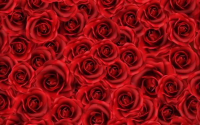 4k, des roses rouges &#224; la texture, art 3D, rouge bourgeons, rouge motifs roses, des roses, des fleurs rouges