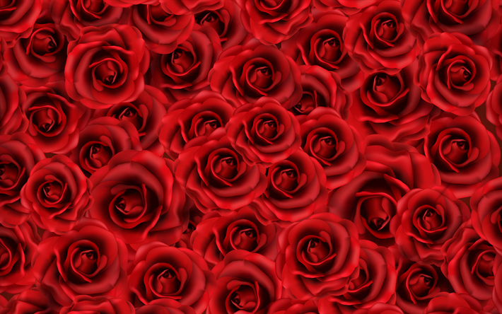4k, des roses rouges &#224; la texture, art 3D, rouge bourgeons, rouge motifs roses, des roses, des fleurs rouges
