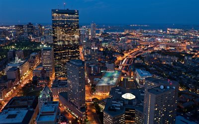 Boston, stadsbilden, natt, skyskrapor, amerikansk stad, Massachusetts, USA