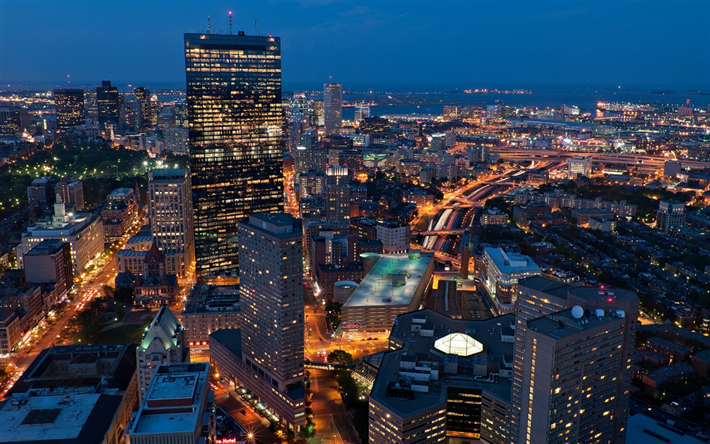 Boston, paisaje, noche, rascacielos, ciudad de estados unidos, Massachusetts, estados UNIDOS