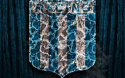 Racing Club, scorched logo, Argentine Primera Division, blue wooden background, Argentinean football club, Argentine Superleague, grunge, Racing FC, soccer, Racing logo, Argentina
