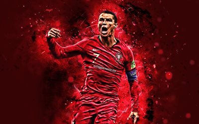 4k, Cristiano Ronaldo, tavoite, Portugalin Maajoukkueen, jalkapallo, CR7, neon valot, punainen tausta, Portugalin jalkapallojoukkue