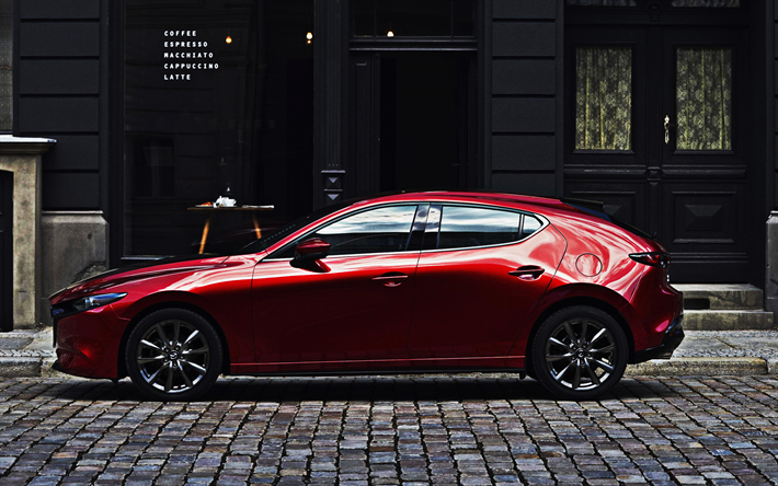 Mazda 3, 2019, vista lateral, vermelho hatchback, vermelho novo Mazda 3 2019, carros japoneses, Mazda