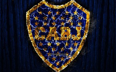 CA Boca Juniors, br&#251;l&#233;e logo, CABJ, en Argentine Primera Division, bleu, fond de bois, l&#39;Argentin du club de football, l&#39;Argentin Superleague, grunge, Boca Juniors FC, football, Boca Juniors logo, Argentine