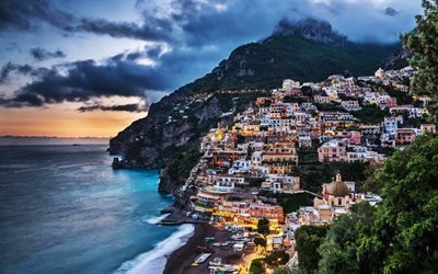 Positano, tarde, puesta de sol, Salerno, la Costa de Amalfi, Italia, Mar Mediterr&#225;neo, la regi&#243;n de Campania