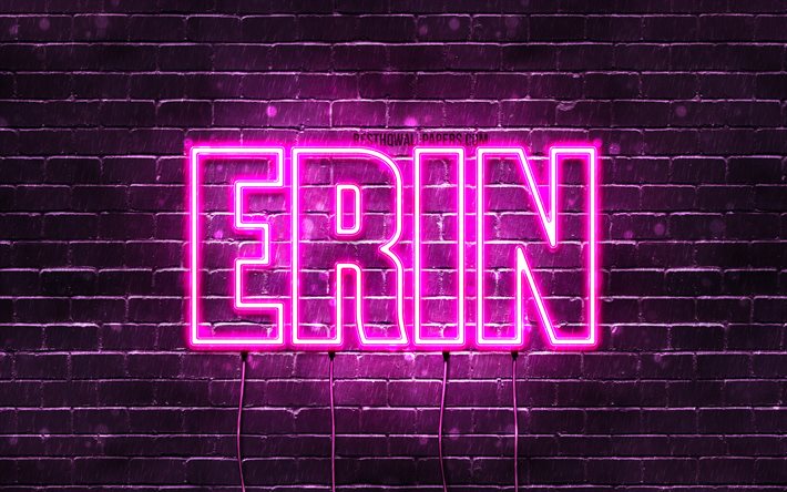 Erin, 4k, wallpapers with names, female names, Erin name, purple neon lights, horizontal text, picture with Erin name