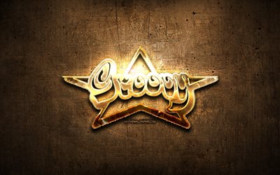 Groovy golden logo, programming language, brown metal background, creative, Groovy logo, programming language signs, Groovy
