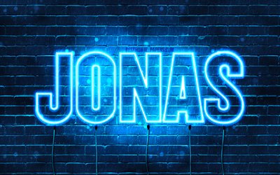 Jonas, 4k, wallpapers with names, horizontal text, Jonas name, blue neon lights, picture with Jonas name