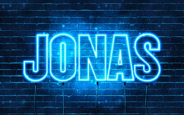 Jonas, 4k, taustakuvia nimet, vaakasuuntainen teksti, Jonas nimi, blue neon valot, kuva Jonas nimi