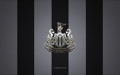 Newcastle United FC logo, English football club, metal emblem, black white metal mesh background, Newcastle United FC, Premier League, Newcastle upon Tyne, England, football
