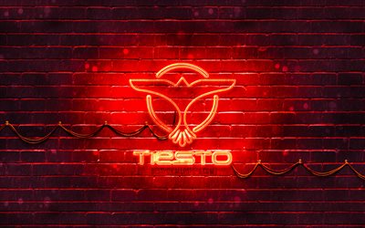 DJ Tiesto red logo, 4k, superstars, n&#233;erlandais DJs, rouge brickwall, DJ Tiesto logo, Tijs Michiel Verwest, stars de la musique, DJ Tiesto n&#233;on logo, DJ Tiesto