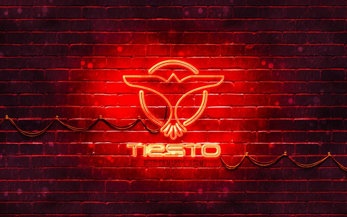 DJ Tiesto punainen logo, 4k, supert&#228;hti&#228;, hollantilainen Dj, punainen brickwall, DJ Tiesto-logo, Tijs Michiel Verwest, musiikin t&#228;hdet, DJ Tiesto neon-logo, DJ Tiesto