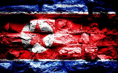 Empire of North Korea, grunge brick texture, Flag of North Korea, flag on brick wall, North Korea, flags of Asian countries
