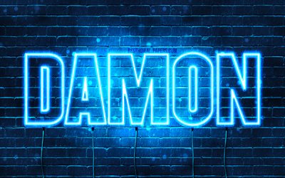 Damon, 4k, taustakuvia nimet, vaakasuuntainen teksti, Damon nimi, blue neon valot, kuva Damon nimi