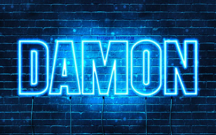 Damon, 4k, taustakuvia nimet, vaakasuuntainen teksti, Damon nimi, blue neon valot, kuva Damon nimi