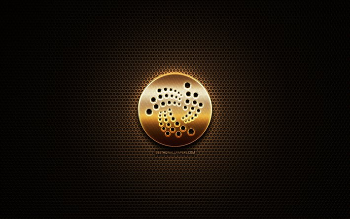IOTA glitter logo, cryptocurrency, grid metal background, IOTA, creative, cryptocurrency signs, IOTA logo