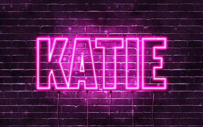Katie, 4k, taustakuvia nimet, naisten nimi&#228;, Katie nimi, violetti neon valot, vaakasuuntainen teksti, kuva Katie nimi