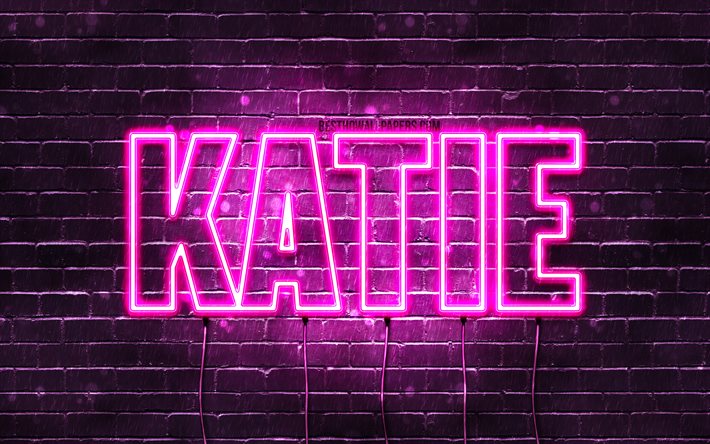 Katie, 4k, wallpapers with names, female names, Katie name, purple neon lights, horizontal text, picture with Katie name