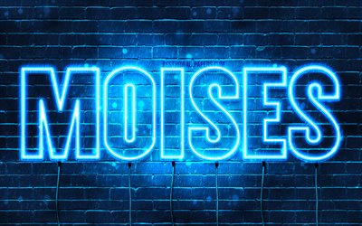 Moises, 4k, wallpapers with names, horizontal text, Moises name, blue neon lights, picture with Moises name