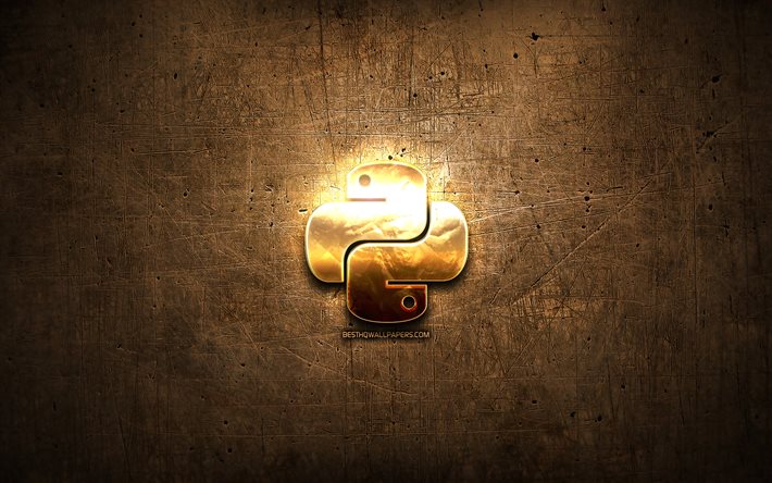 Python oro logotipo, lenguaje de programaci&#243;n, marr&#243;n metal de fondo, creativo, Python logotipo de programaci&#243;n, lenguaje de signos, Python