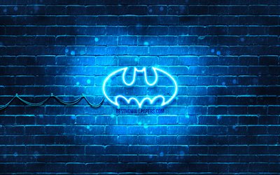 Batman blue logo, 4k, blue brickwall, Batman logo, superheroes, Batman neon logo, Batman