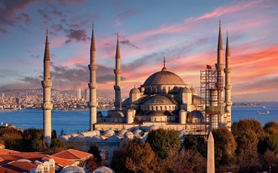 Sultan Ahmed Mosque, Blue Mosque, evening, sunset, Istanbul landmark, Sultanahmet, Istanbul, Turkey