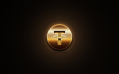Tether glitter logo, cryptocurrency, grid metal background, Tether, creative, cryptocurrency signs, Tether logo
