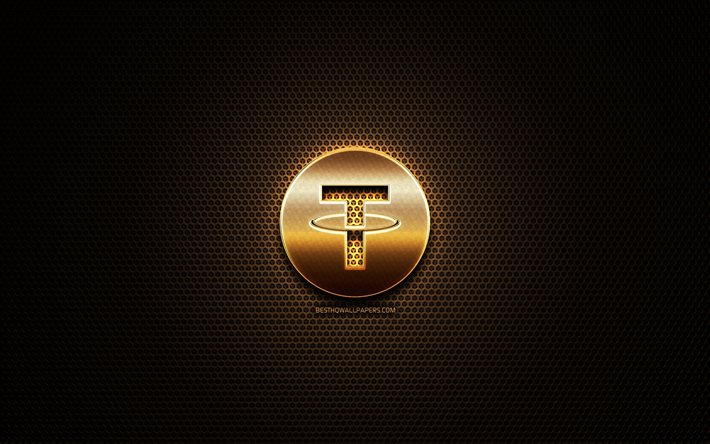 Tether glitter logotipo, cryptocurrency, grade de metal de fundo, Tether, criativo, cryptocurrency sinais, Tether logotipo