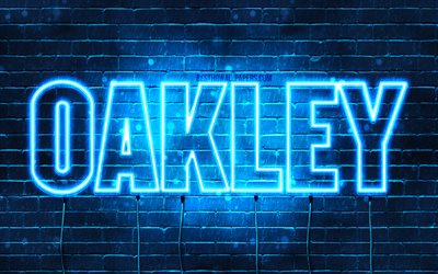 Oakley, 4k, wallpapers with names, horizontal text, Oakley name, blue neon lights, picture with Oakley name